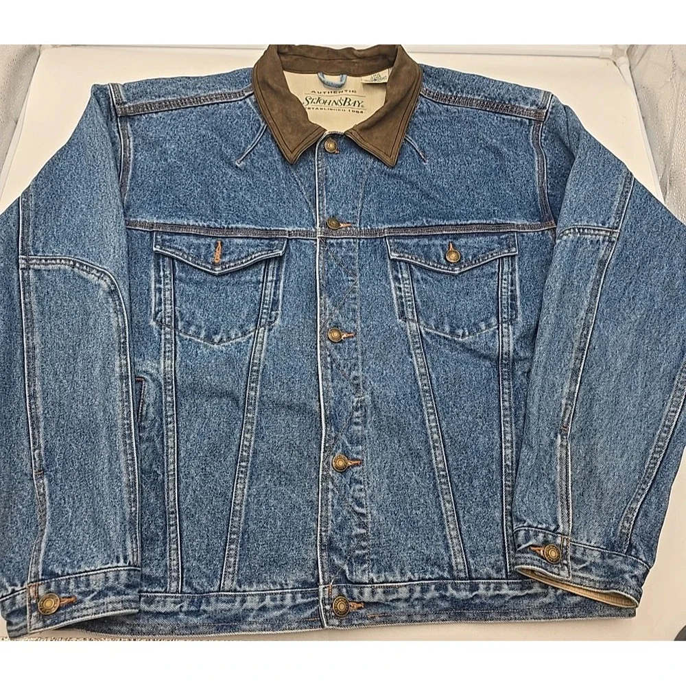 Vintage St Johns Bay Denim Jacket Trucker Jean Coat Retro 90s Leather L - Picture 2 of 12